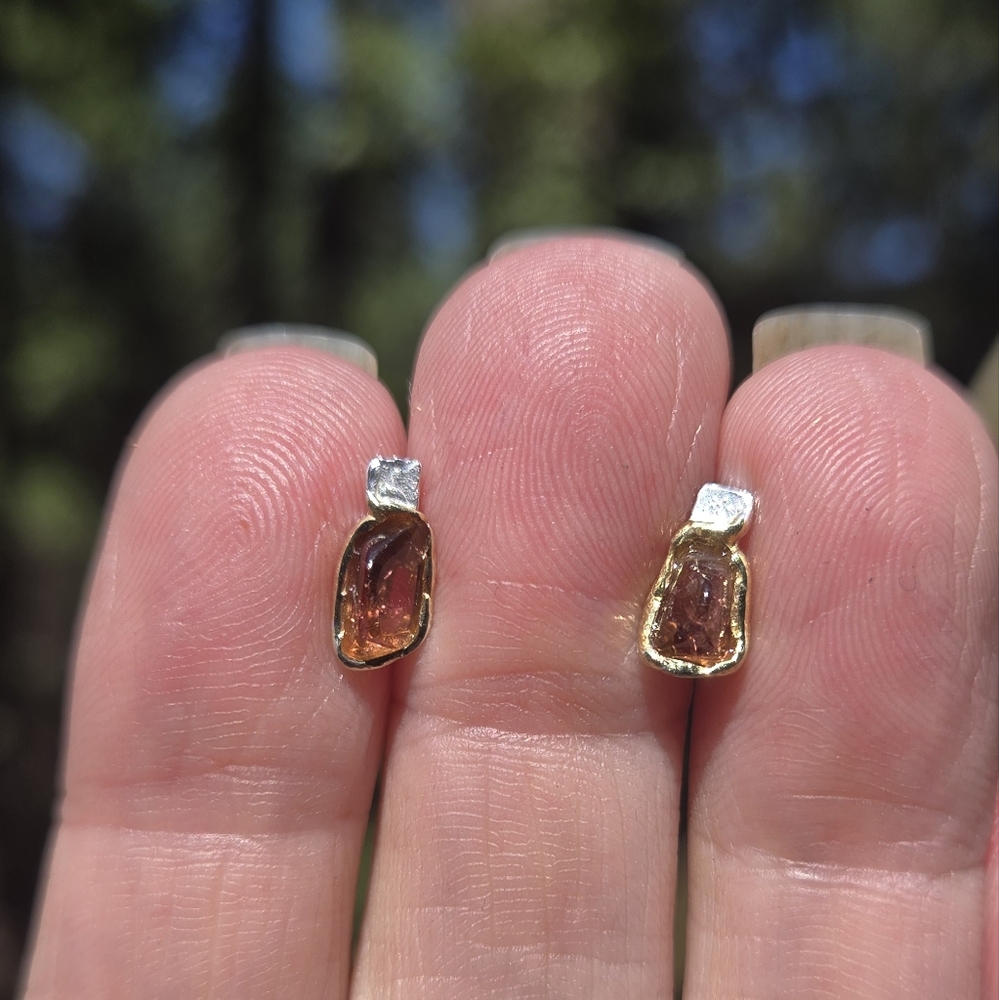 Tangarine Tourmaline Natural Sterling & Gold Stud Earrings - Picture 3 of 8